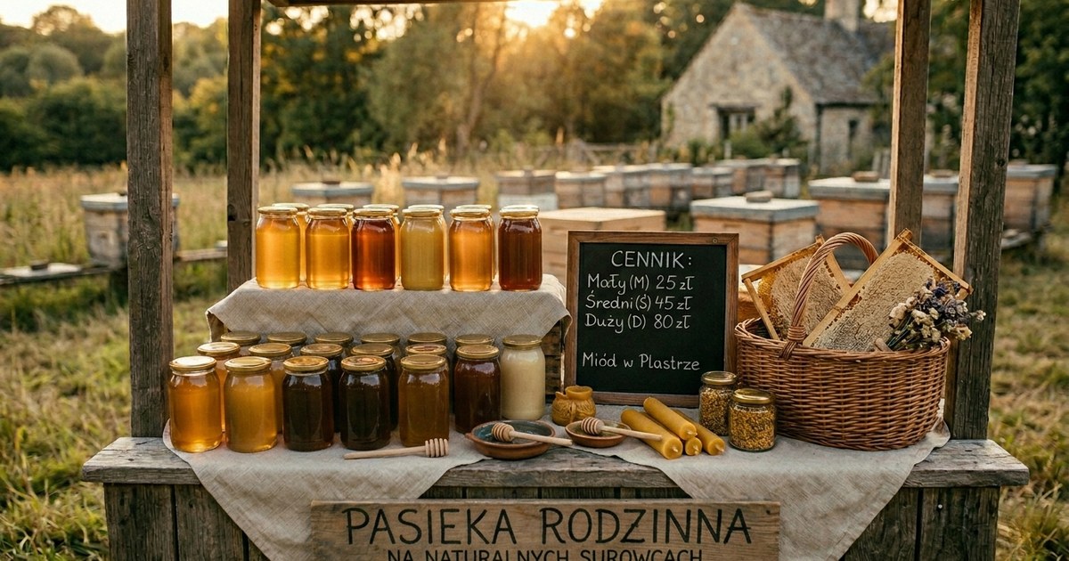 Stoisko sklepu pasiecznego ze słoikami miodu różnych odmian, etykietami i odręcznie pisanym cennikiem