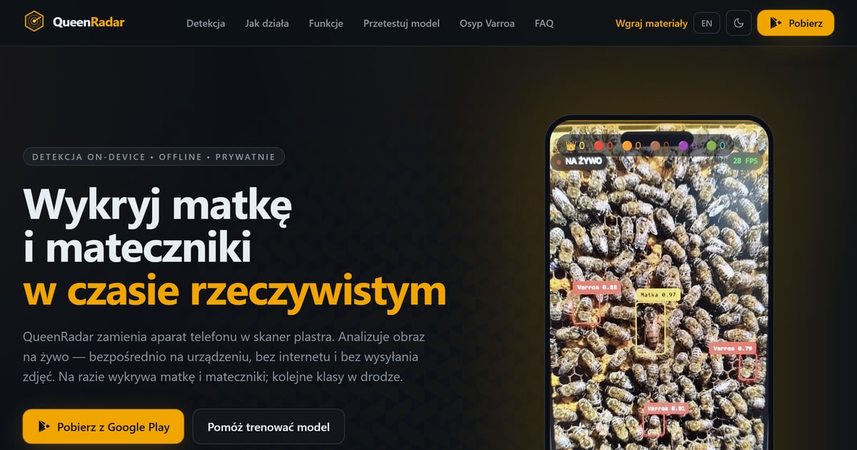 Strona aplikacji QueenRadar: telefon skanuje plaster z pszczołami i zaznacza ramką matkę pszczelą, obok hasło Wykryj matkę i mateczniki w czasie rzeczywistym