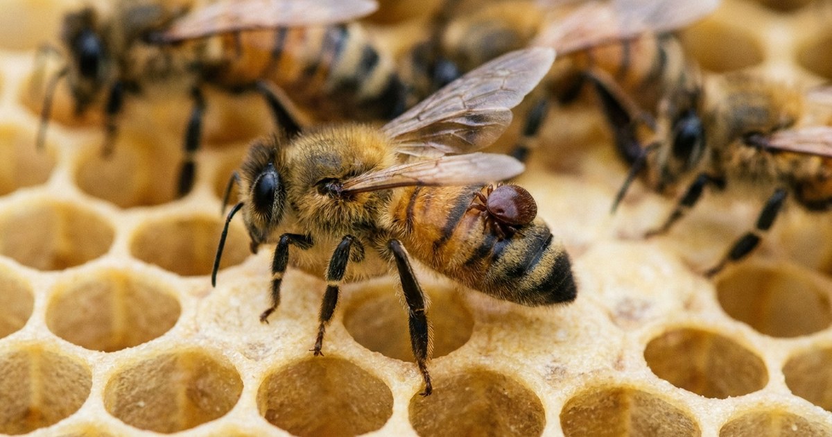 Roztocz Varroa destructor widoczny na pszczole miodnej podczas przeglądu rodziny
